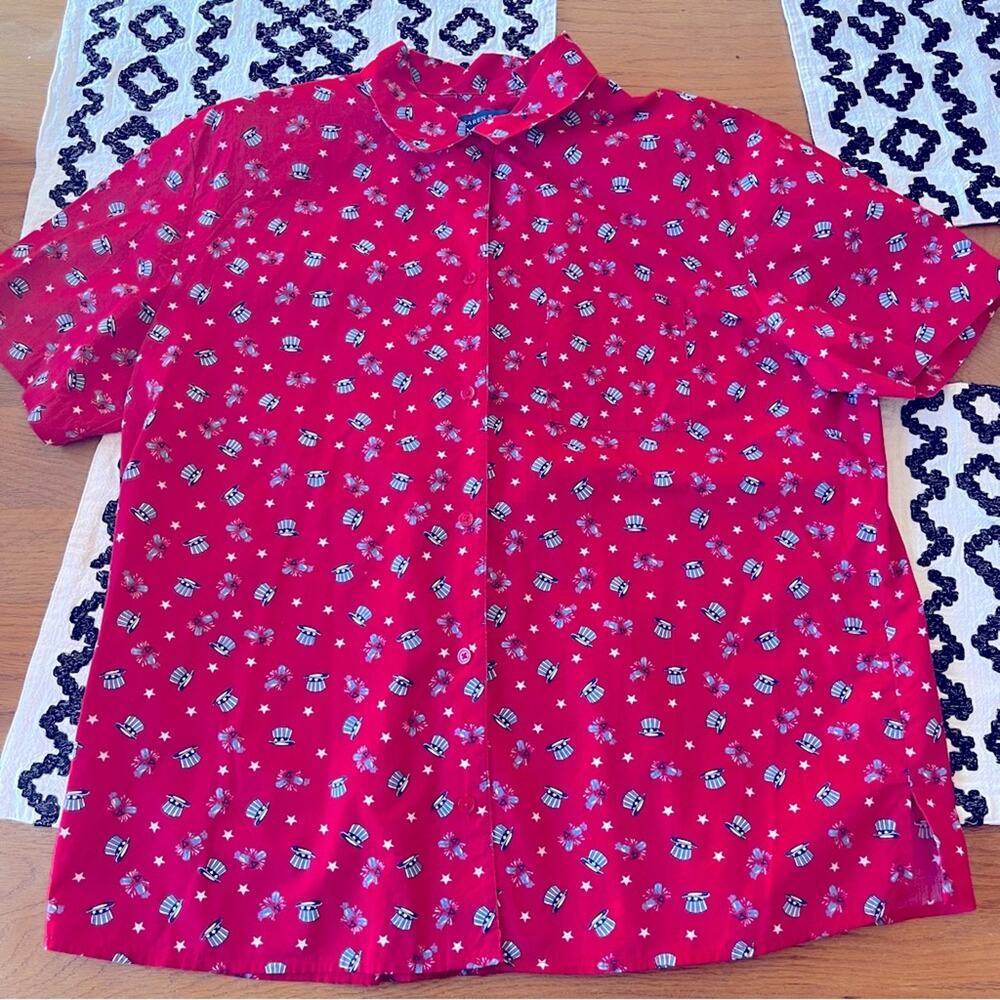 Vintage 90s Karen Scott Patriotic Red Button Up Short Sleeve Shirt XL